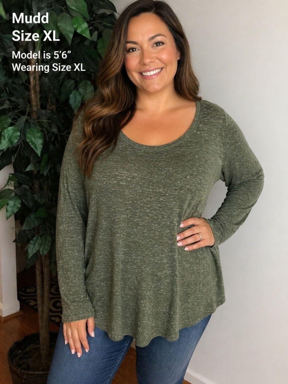 Mudd Olive Green Marled Long Sleeve Scoop Neck Top Size XL